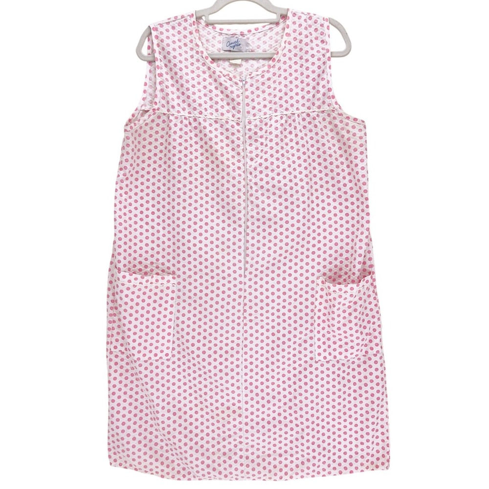 Casual Nights Pink Polka Dot Zip Front House Dress Large Seersucker Muumuu